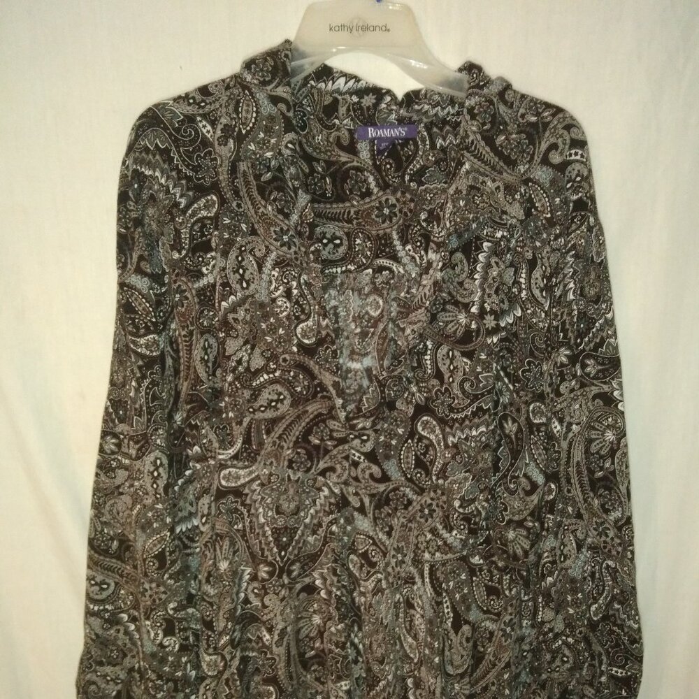 (B) Roaman's Gauze Hi Low Hem, 3/4 Sleeve Brown Paisley Print Woman's size 32W
